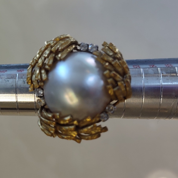 Mabe pearl 18kt Yellow Gold Ring, diamonds, estate Ring vintage - Picture 13 of 16